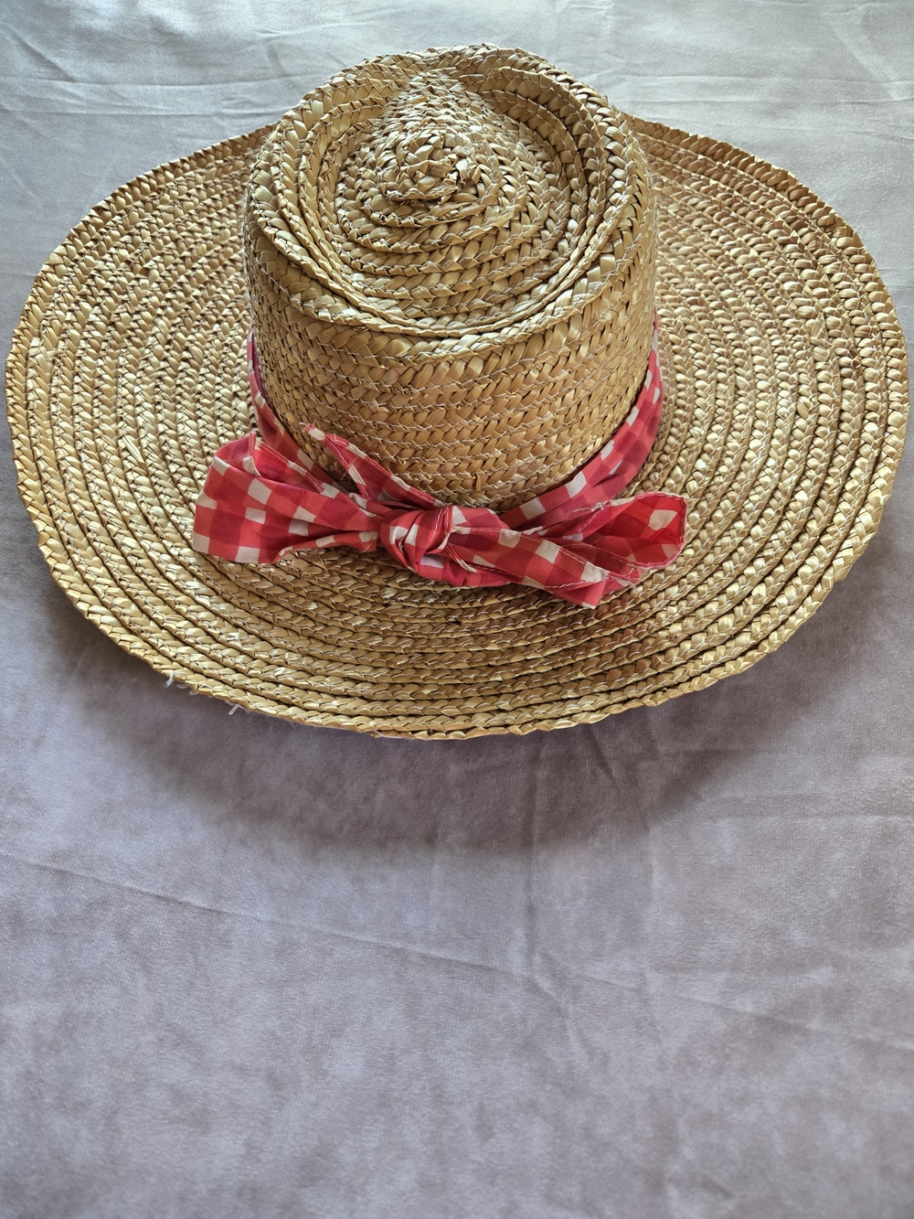 Straw Sun Hat with Red Gingham Bow